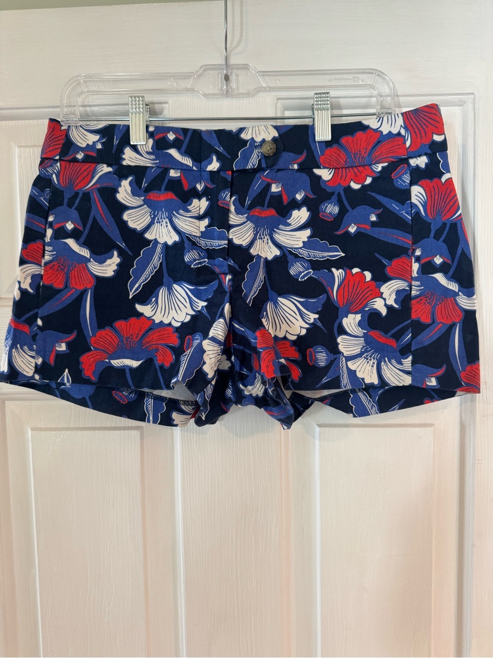 J. Crew Navy Floral Print Cotton Shorts with Red & White Blooms